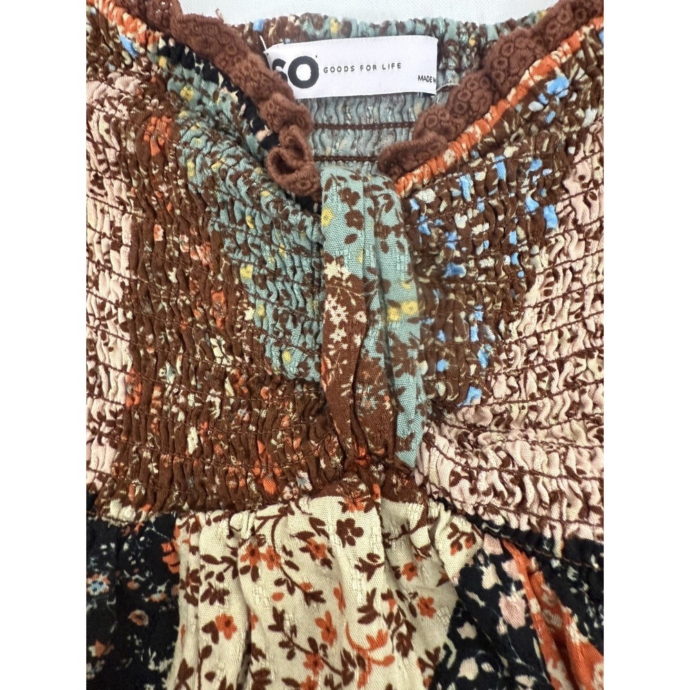SO Patchwork Peasant Blouse Boho Floral Smocked Fall Festival Top Womens Size S - Picture 8 of 10